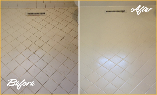 Before and After Picture of a Bloomfield White Bathroom Floor Grout Sealed for Extra Protection