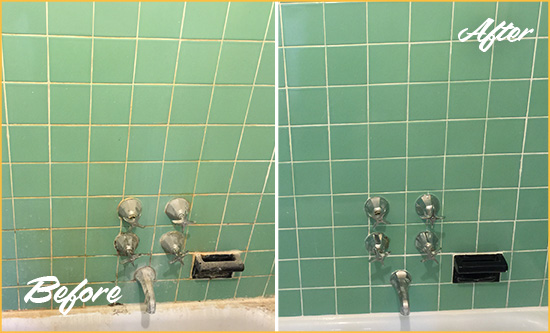 Before and After Picture of a Enfield Bath Tub Grout Sealed to Avoid Water Damage