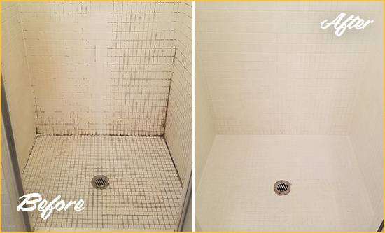 Before and After Picture of a Woodbridge Bathroom Grout Sealed to Remove Mold