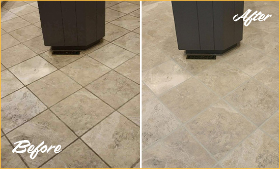 Before and After Picture of a Simsbury Kitchen Floor Grout Sealed to Remove Stains