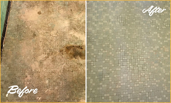 Before and After Picture of a East Windsor Mosaic Shower Cleaned to Eliminate Embedded Dirt