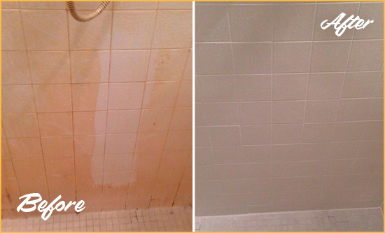 Before and After Picture of a Southington Porcelaine Shower Cleaned to Remove Soap Scum