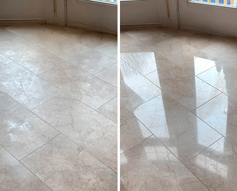 Living Room Floor Before and After a Stone Cleaning in West Hartford