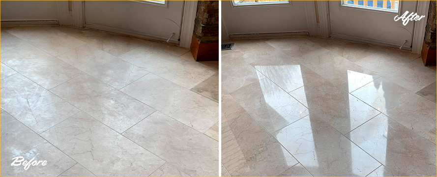 Living Room Floor Before and After a Stone Cleaning in West Hartford