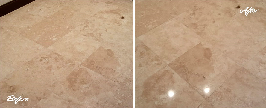 Travertine Floor Before and After a Stone Honing in Wethersfied