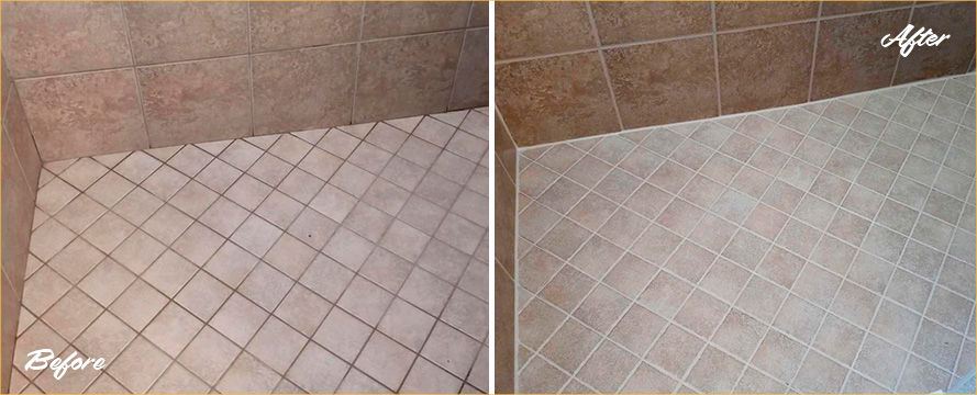 Shower Floor Before and After a Tile Cleaning in Farmington, CT