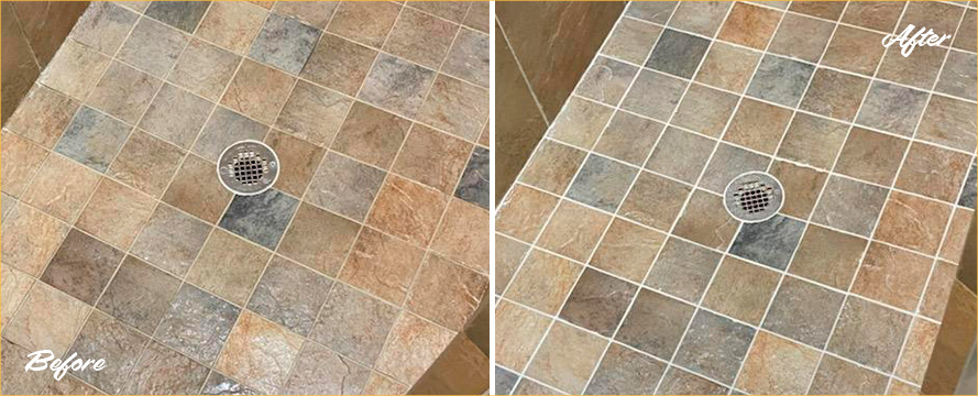 Tile Shower Before and After a Grout Cleaning in Avon