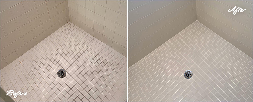 Shower Floor Before and After a Grout Recoloring in Southbury