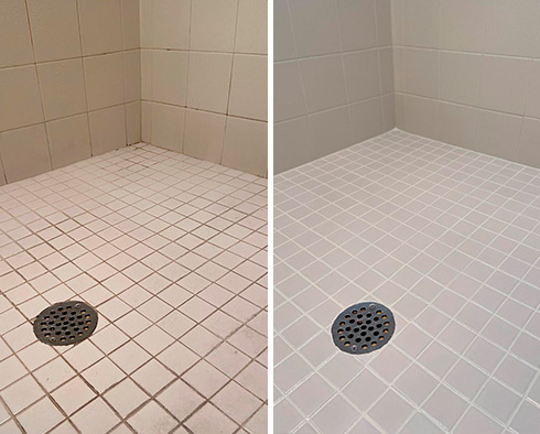 Tile Shower Before and After a Grout Recoloring in Southbury