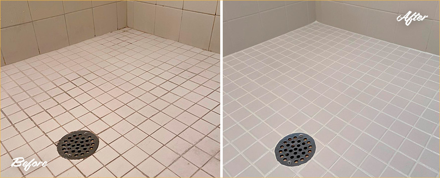 Tile Shower Before and After a Grout Recoloring in Southbury