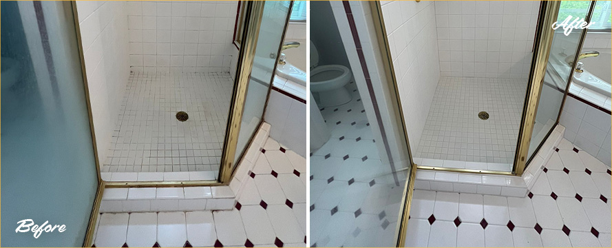 Shower Before and After a Remarkable Grout Cleaning in Cheshire, CT
