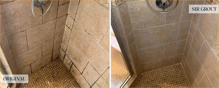 Shower Walls Before and After Our Caulking Services in Farmington