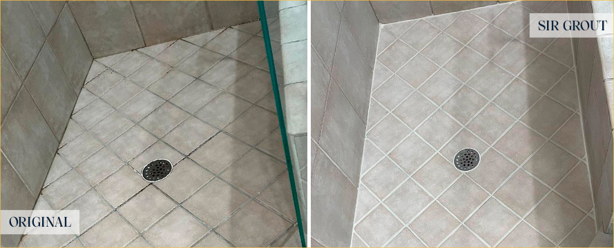 Shower Floor Before and After a Grout Sealing in Canton