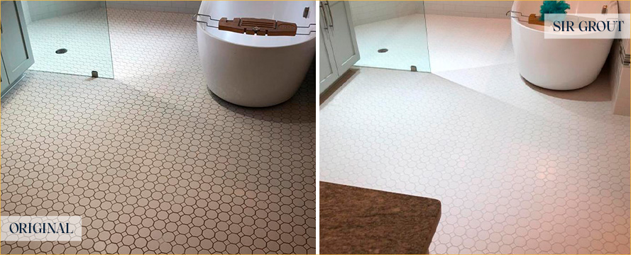 Bathroom Floor Before and After a Superb Grout Cleaning in Farmington, CT