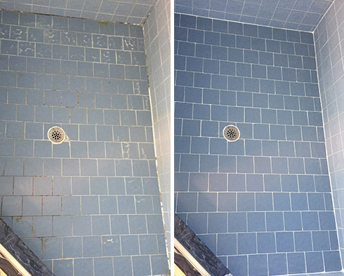 Tile Shower Floor Before and After a Grout Cleaning in Cheshire