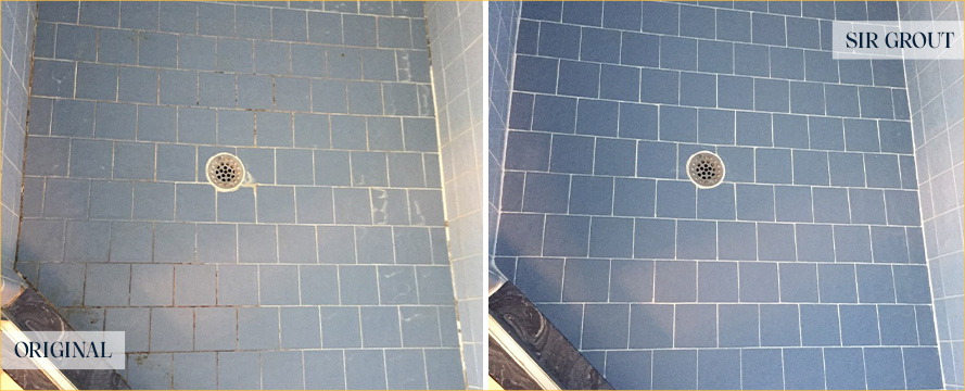 Tile Shower Floor Before and After a Grout Cleaning in Cheshire