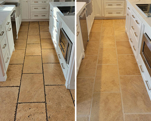 Travertine Floor Before and After a Grout Cleaning in Farmington