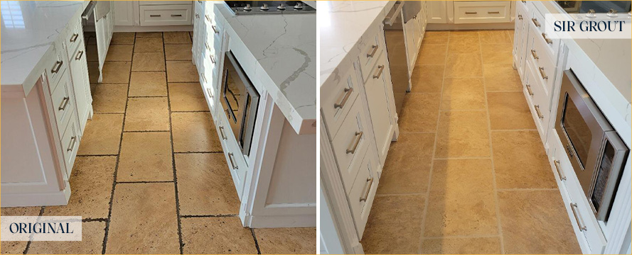 Travertine Floor Before and After a Grout Cleaning in Farmington