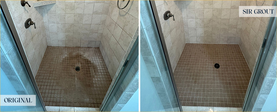 Shower Floor Before and After Our Simsbury Grout Cleaning Service
