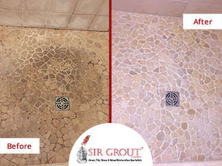 Before and After Picture of a River Rock Shower Floor Stone Cleaning Service in Cromwell, Connecticut