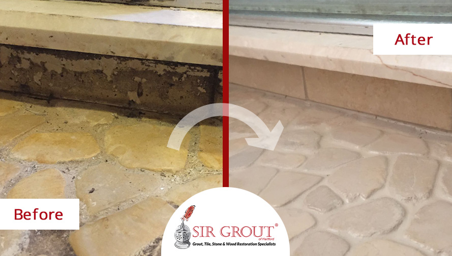 Before and After Picture of a River Rock Shower Floor Stone Cleaning Service in Cromwell, Connecticut