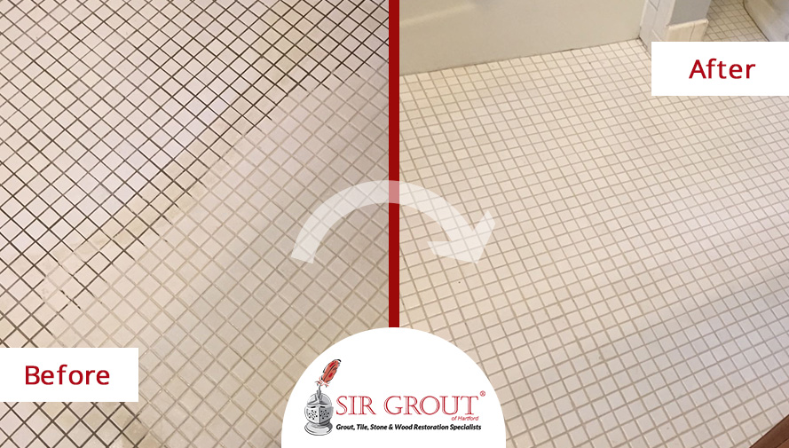 Before and After Picture of a Bathroom's Grout Cleaning Service in Avon, Connecticut