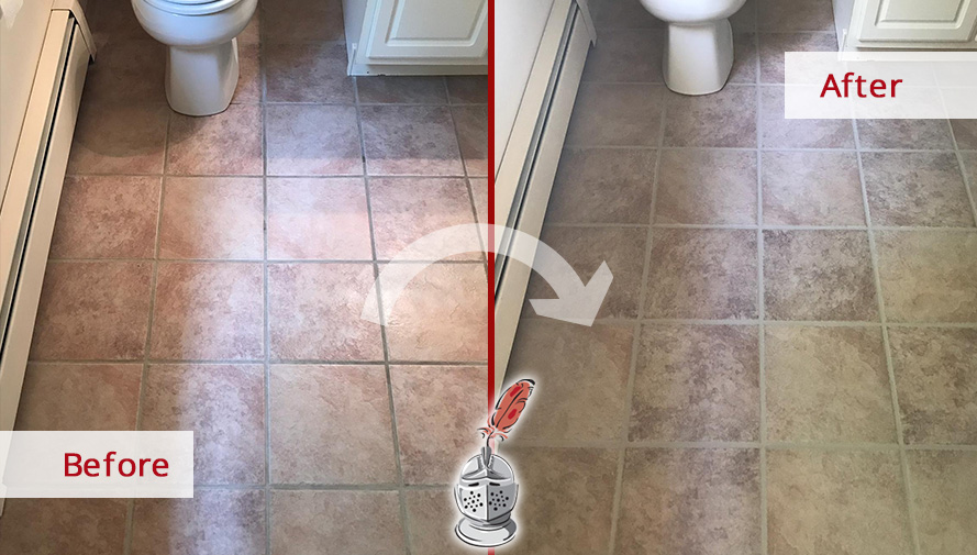 Before and after Picture of This Powder Room Floor after a Tile Sealing Job in Hartford, CT