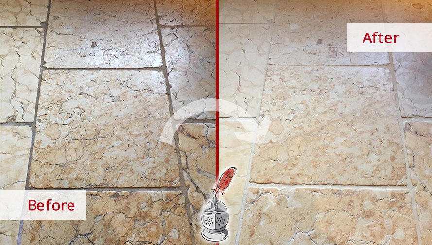 Kitchen Floor Before and After a Stone Cleaning Process in New Haven, CT
