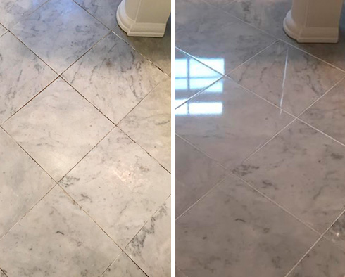 Before and After Image of a Marble Bathroom Floor After a Successful Stone Cleaning in Cheshire, CT