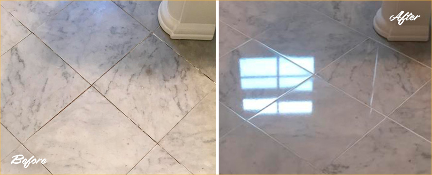 Before and After Image of a Marble Bathroom Floor After a Professional Stone Cleaning in Cheshire, CT
