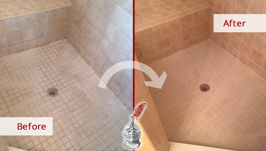 Shower Floor Before and After Hard Surface Restoration in Naugatuck 