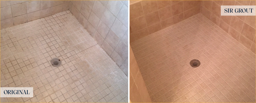 Shower Floor Before and After Hard Surface Restoration in Naugatuck