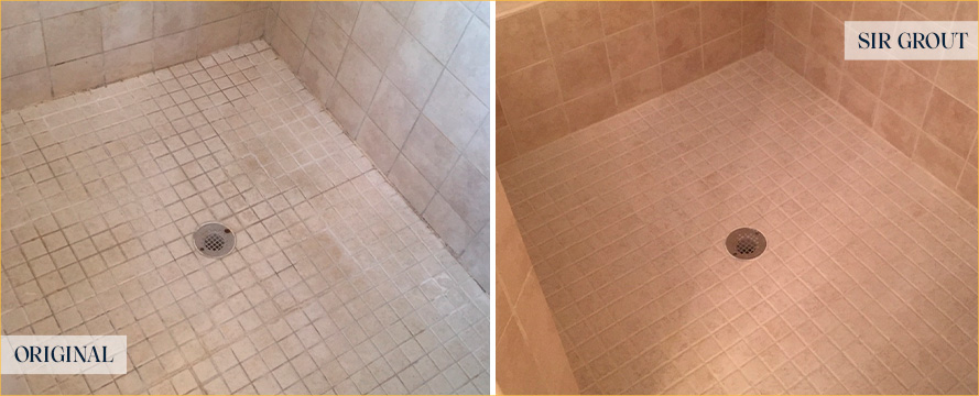 Shower Floor Before and After Hard Surface Restoration in Naugatuck 