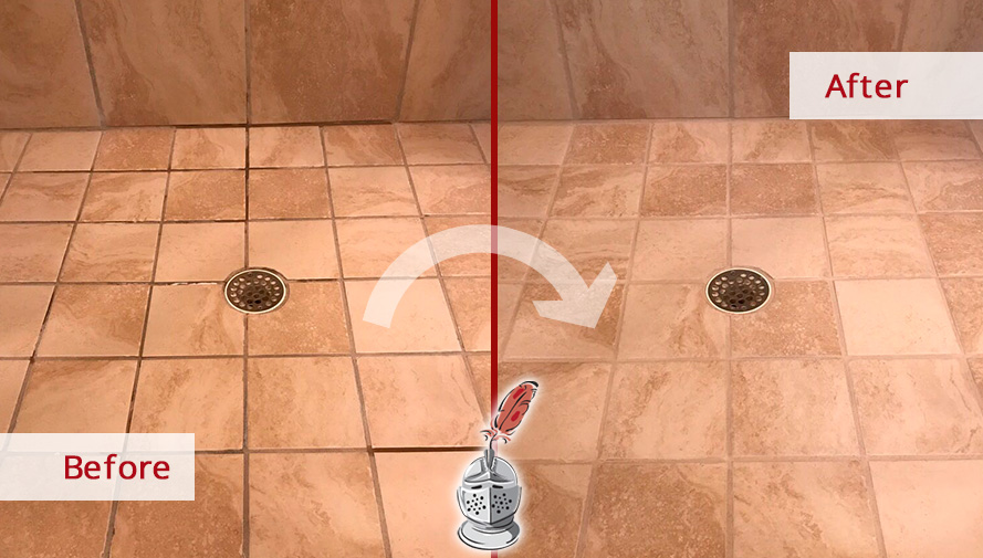 Shower Floor Before and After a Grout Cleaning in Collinsville