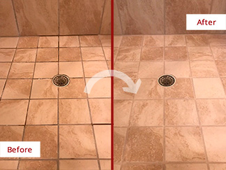 Shower Tiles Before and After a Grout Cleaning in Collinsville