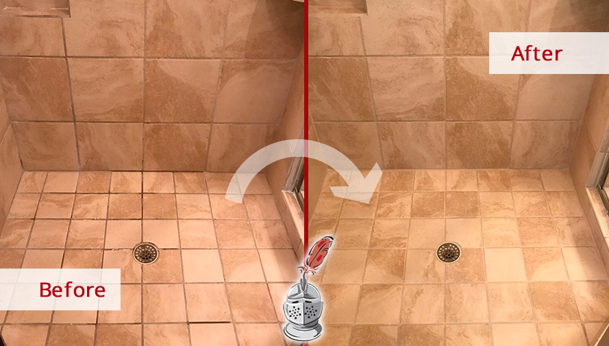 Shower Tiles Before and After a Grout Cleaning in Collinsville