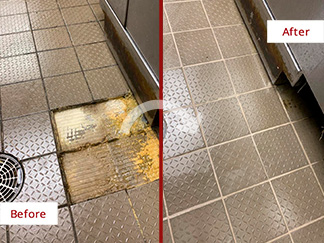 Kitchen Floor Before and After Our Farmington Hard Surface Restoration Services