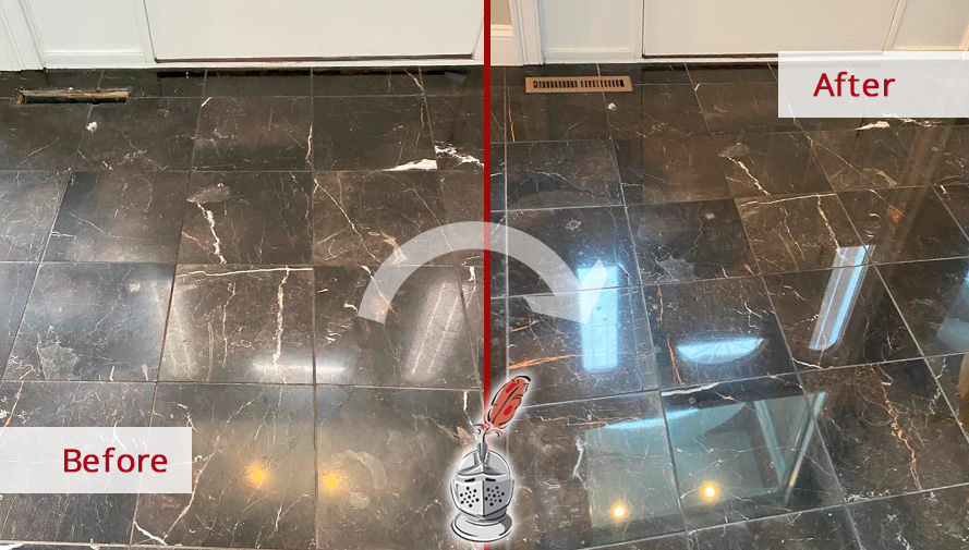 Shiny Marble Floor Before and After a Remarkable Stone Polishing in Bristol, CT