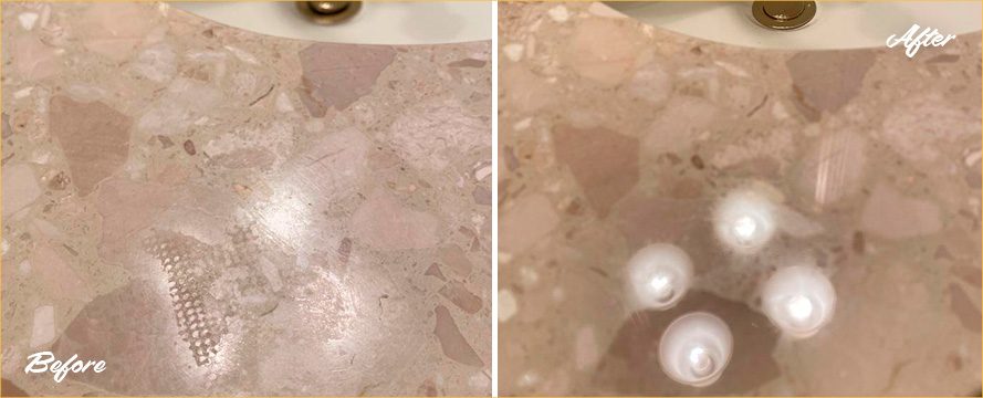 Vanity Top Before and After Our Hard Surface Restoration Services in Madison, CT