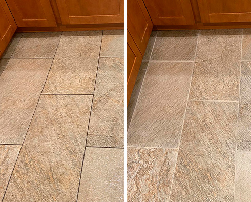 Kitchen Tile Floor Before and After a Grout Cleaning in Cheshire