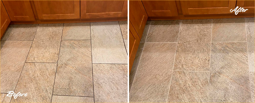 Kitchen Tile Floor Before and After a Grout Cleaning in Cheshire