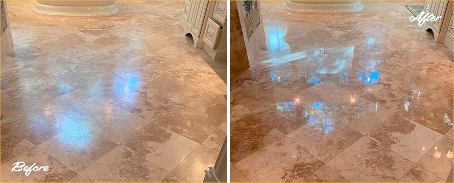 Large Travertine Floor Before and After Our Stone Polishing in Canton, CT