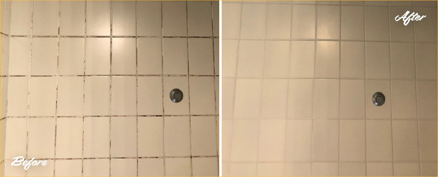 Porcelain Shower Floor Before and After Our Grout Sealing in Simsbury, CT