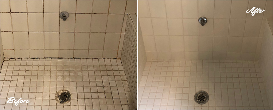 Porcelain Shower Before and After Our Grout Sealing in Simsbury, CT