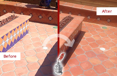 Before and After Picture of a Faded Terracotta Patio Floor Cleaned and Color Enhanced for Extra Protection