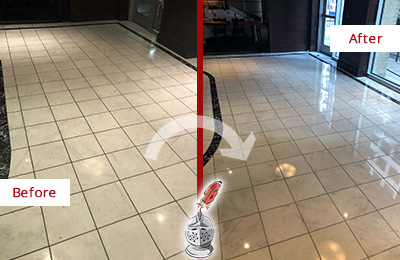 Sir Grout Hartford Stone Services Help Maintain, Clean, and Polish Building Lobbies and Commercial Offices Stone Surfaces Picture of a Building Marble Entrance Floor Before and After Stone Restoration, Cleaning and Polishing