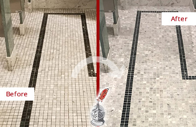 Sir Grout Hartford Stone Cleaning Services Can Help Repair the Look of this Grimy Hospital's Restroom Before and After Picture of a Hospital Travertine Bathroom Floor Stone Cleaning Service