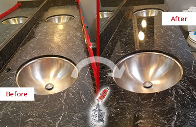 Sir Grout Hartford Stone Services Are Ideal for Enhancing Restrooms Marble Countertops and Keep Them Perfect All Year Round Picture of an Office Restroom's Marble Countertop Before and After Color Enhancement and Restoration