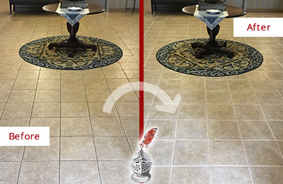 Sir Grout Cleans and Seals This Office Tile Floor Grout Effectively for a Professional Image Before and After of a Grout Sealing in a Lobby Tile Floor