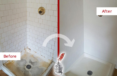 Sir Grout Cleans this Oxford Shower Tile and Grout to Remove Soap Scum Before and After Picture of a Oxford Shower Tile and Grout Cleaned to Remove Soap Scum